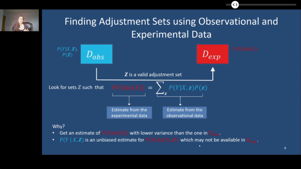 Tutorial slide titled "Finding Adjustment Sets using Observational and Experimental Data", showing the search for sets Z where the interventional distribution equals the sum over z of the observational conditional times P(z), so that the effect can be estimated with lower variance than from experimental data alone.
