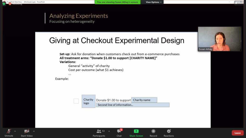 Talk slide titled "Giving at Checkout Experimental Design", describing an experiment that asks customers for a donation at e-commerce checkout, where every treatment arm reads "Donate $1.00 to support [charity name]" and the variations change the described activity of the charity and the cost per outcome.
