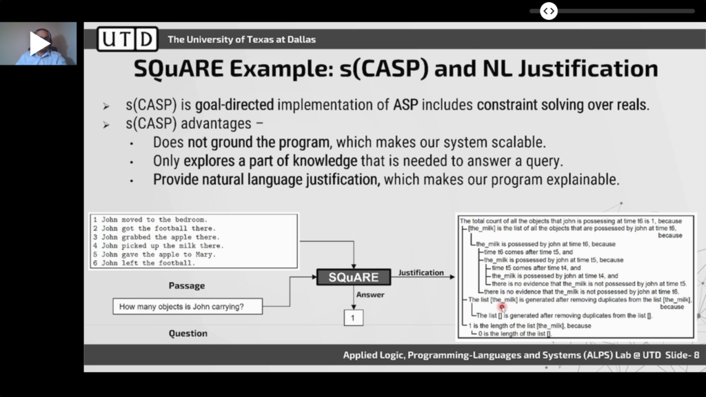 Conference slide titled "SQuARE Example: s(CASP) and NL Justification", showing a six-sentence passage about John moving objects, the question "How many objects is John carrying?", the answer 1, and a long tree-shaped natural-language justification deriving that answer step by step.