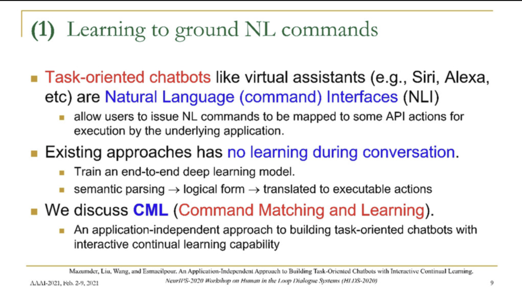 Tutorial slide titled "Learning to ground NL commands", explaining that task-oriented chatbots such as Siri and Alexa are natural language command interfaces mapping commands to API actions, that existing approaches do no learning during conversation, and introducing CML — Command Matching and Learning — as an application-independent approach with interactive continual learning.