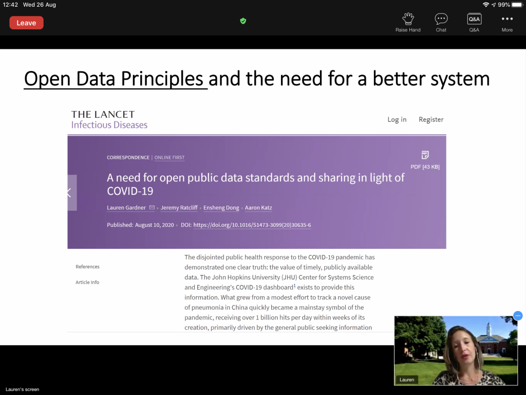 Conference slide titled "Open Data Principles and the need for a better system", showing the Lancet Infectious Diseases correspondence "A need for open public data standards and sharing in light of COVID-19" by Lauren Gardner and colleagues, which argues for the value of timely, publicly available data.