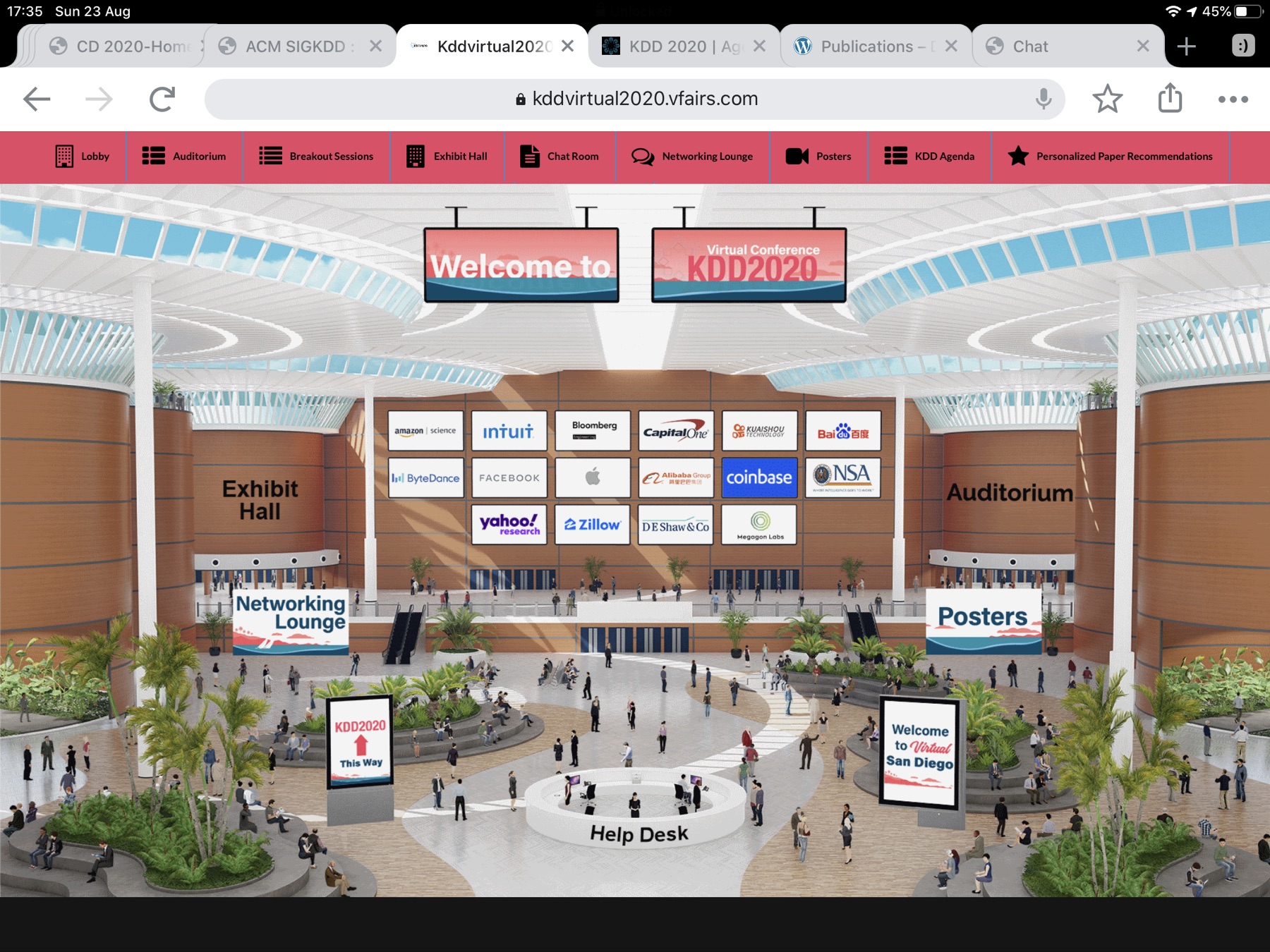 The virtual KDD 2020 conference lobby, a 3D rendered hall with sponsor logos and wayfinding signs