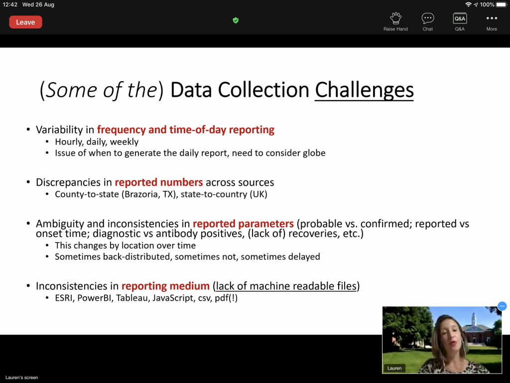 Conference slide titled "(Some of the) Data Collection Challenges", listing variability in reporting frequency and time of day, discrepancies in reported numbers across sources, ambiguity and inconsistency in reported parameters such as probable versus confirmed cases, and inconsistent reporting media that lack machine-readable files.