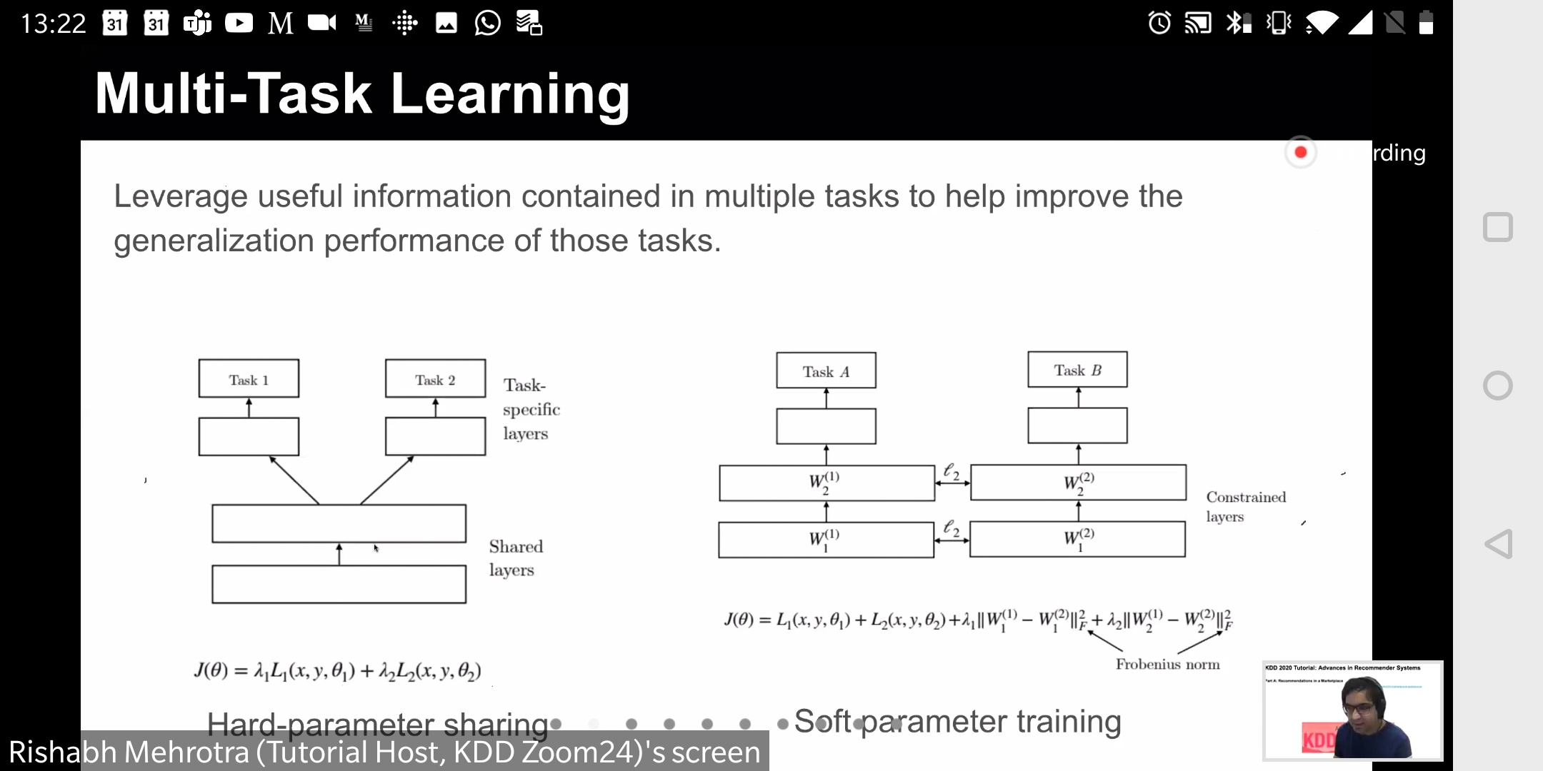 Tutorial slide titled "Multi-Task Learning", explaining that it leverages information contained in multiple tasks to improve their generalization, with a diagram of hard-parameter sharing, where tasks sit on shared layers, beside soft-parameter training, where separate task networks are tied by an L2 penalty between their weights.