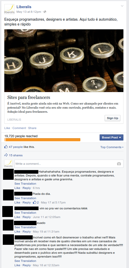 Captura de tela de um anúncio do Liberalis no Facebook — "Esqueça programadores, designers e artistas. Aqui tudo é automático, simples e rápido" — seguida de uma sequência de comentários irritados de leitores, com os nomes dos autores ocultados.