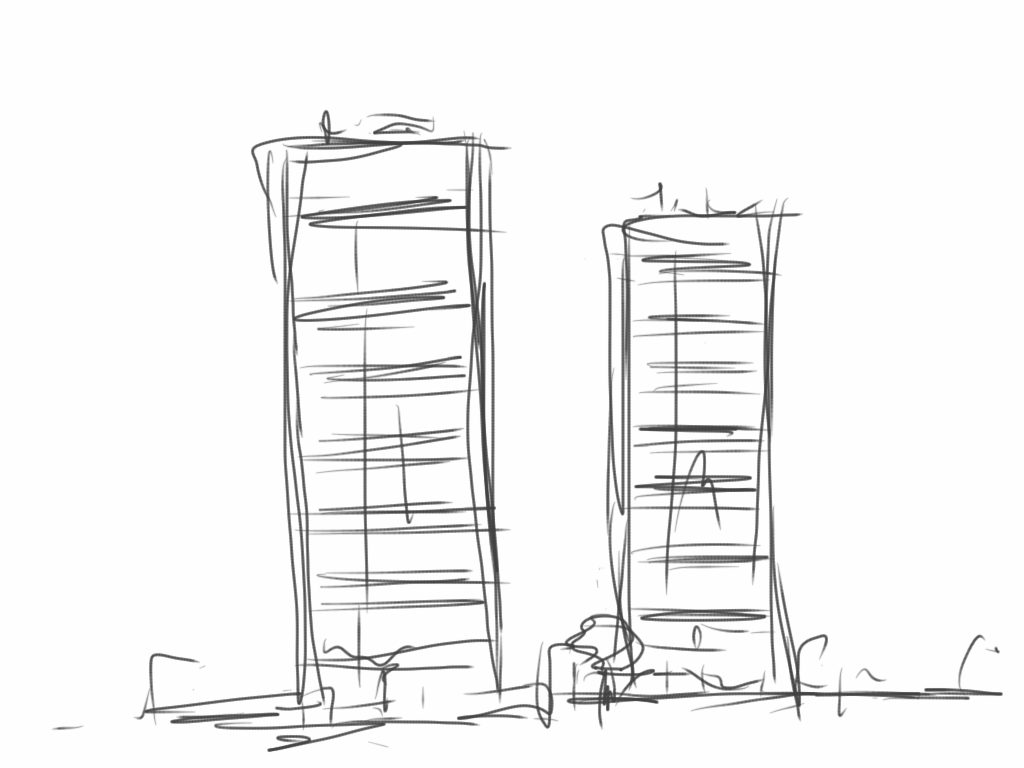 Esboço a lápis de dois edifícios altos de tamanhos desiguais, um maior à esquerda e outro menor à direita, ilustrando o desequilíbrio entre os elementos de uma composição.