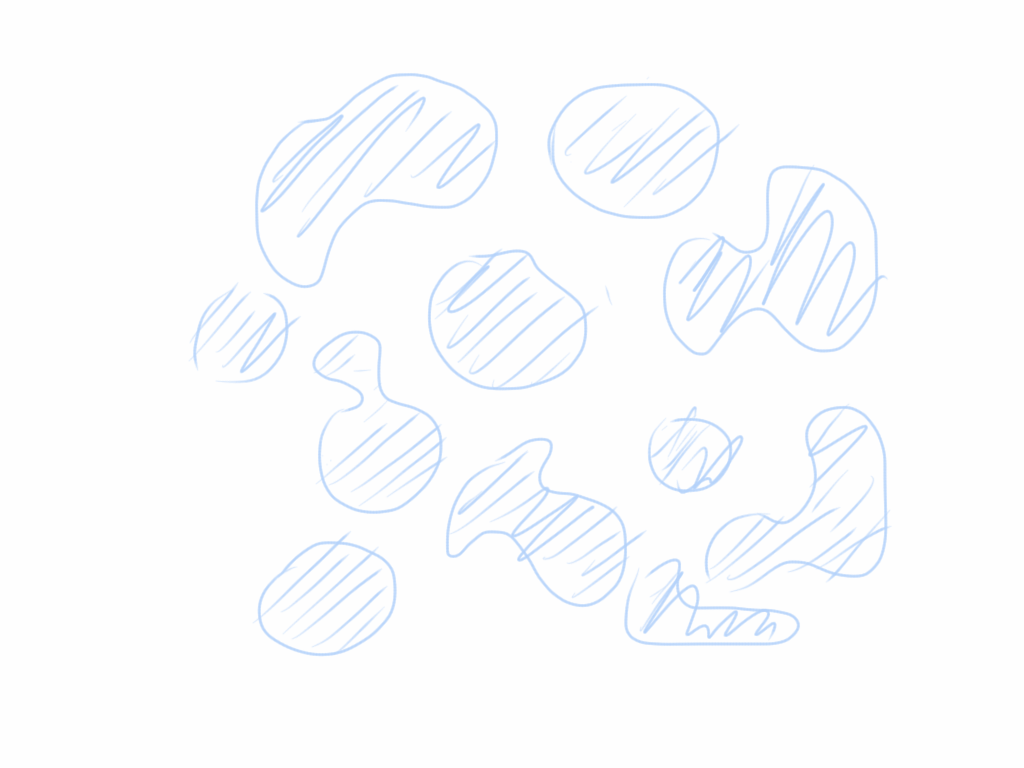 Esboço em azul com várias formas arredondadas semelhantes, todas hachuradas na mesma direção e espalhadas pela página, ilustrando a harmonia entre elementos parecidos.