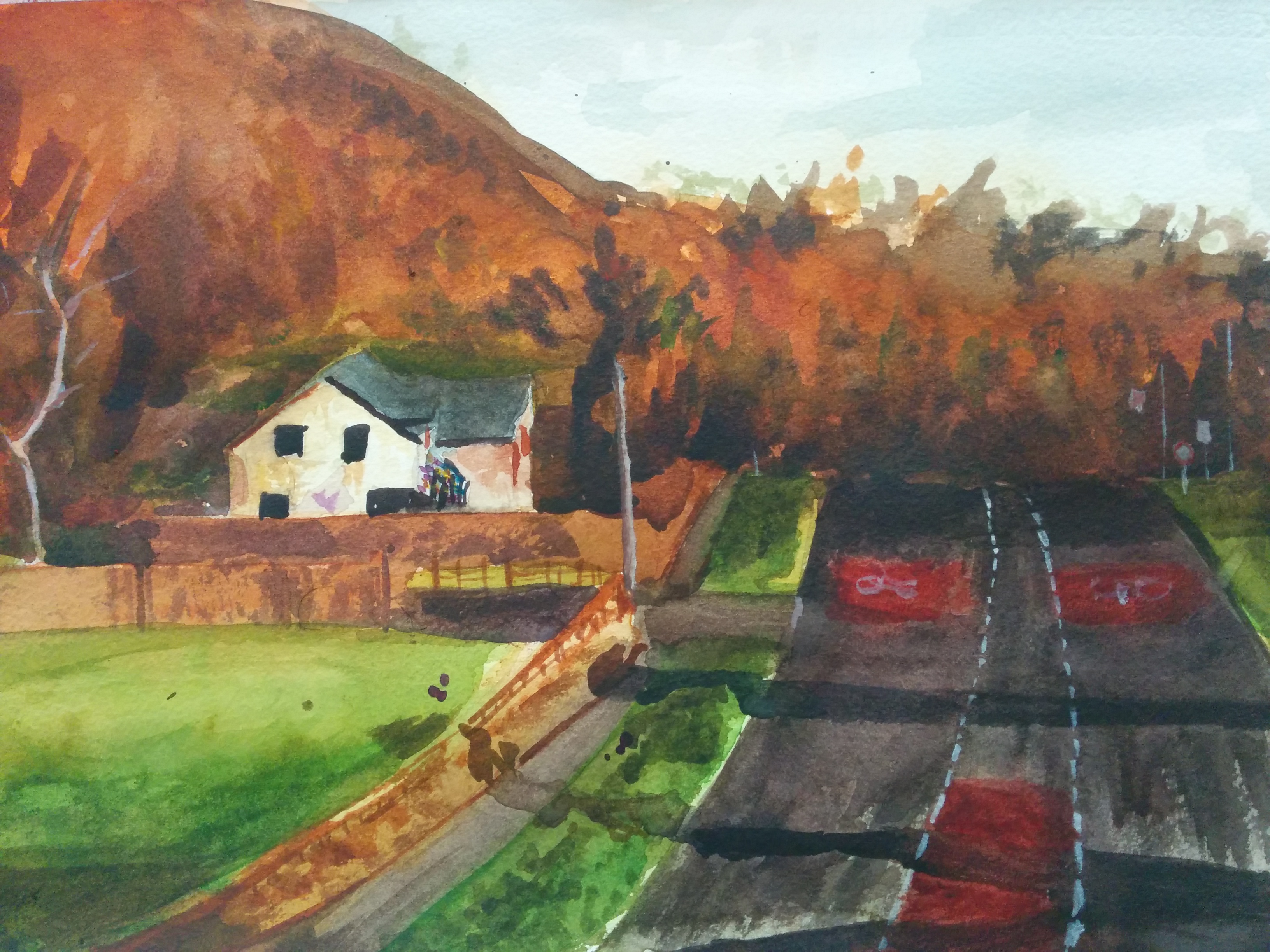 Watercolor of a country road beneath an autumn hillside, with a white farmhouse alongside.