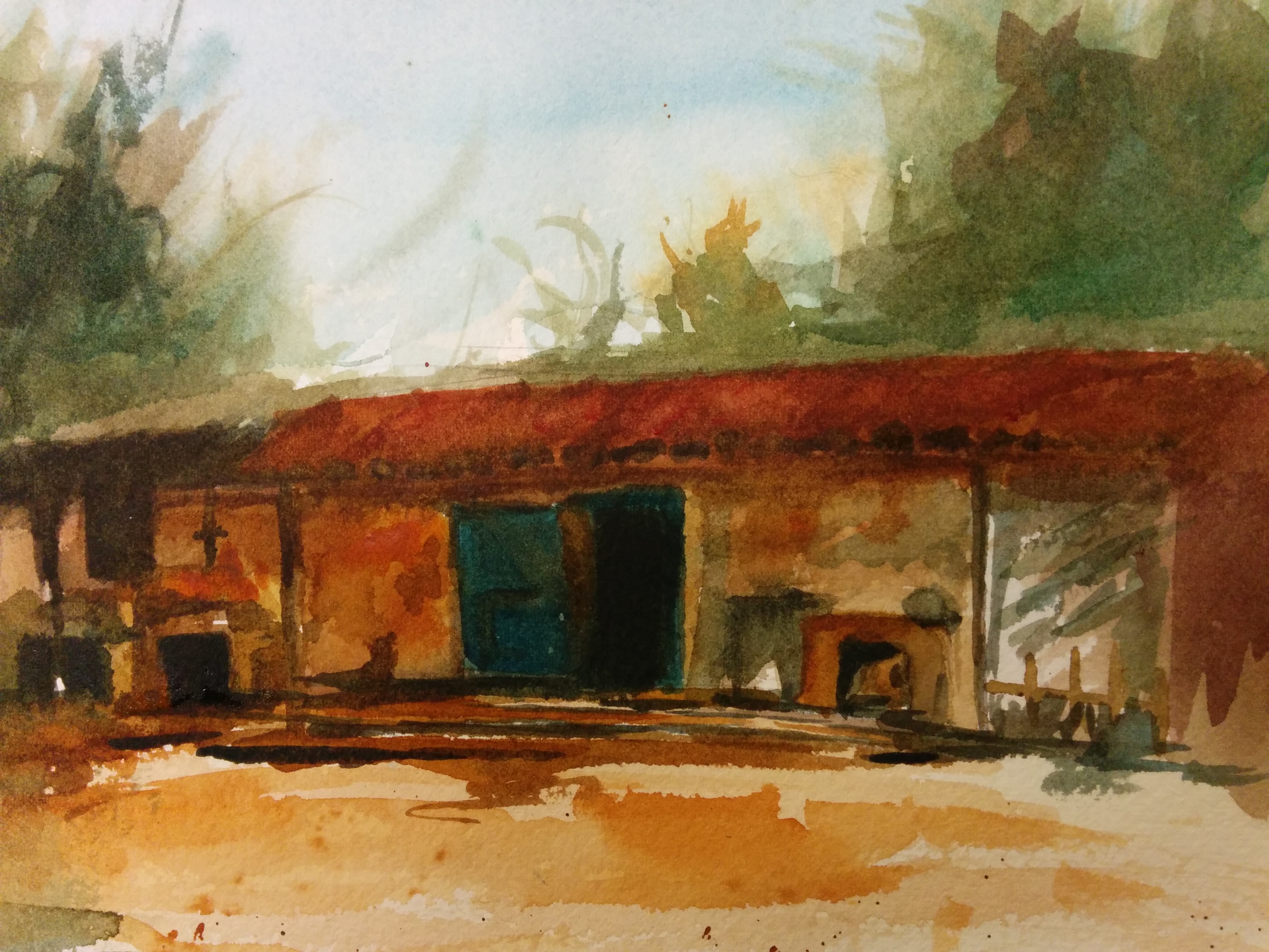 Watercolor of a rustic farmhouse with a red tile roof and a teal door.
