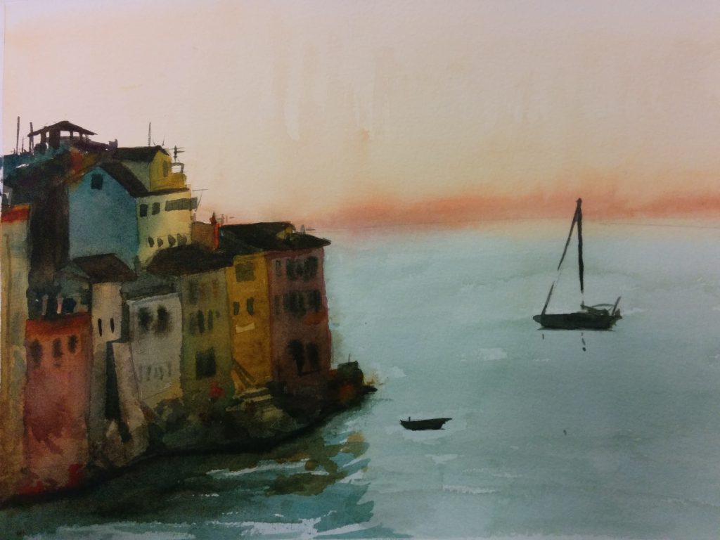 Watercolor of a colorful coastal town at dusk, with two small boats on calm water.