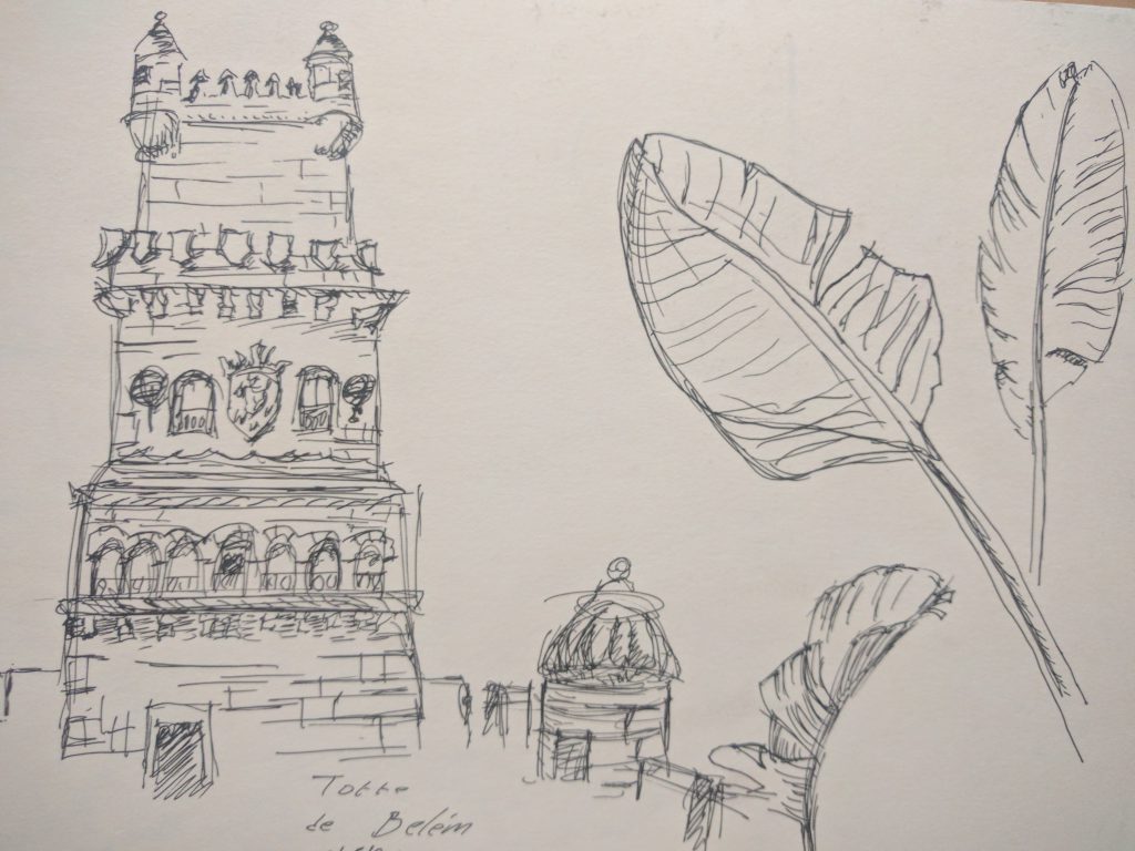 Ink sketch labeled 'Torre de Belem', alongside studies of two tropical leaves.