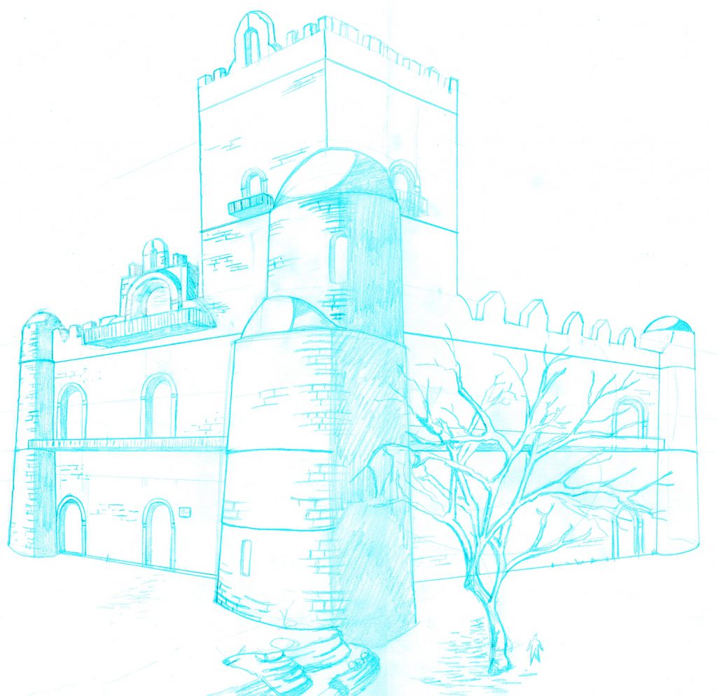 Pencil drawing of a fortified castle with towers and battlements, a bare tree in the foreground.
