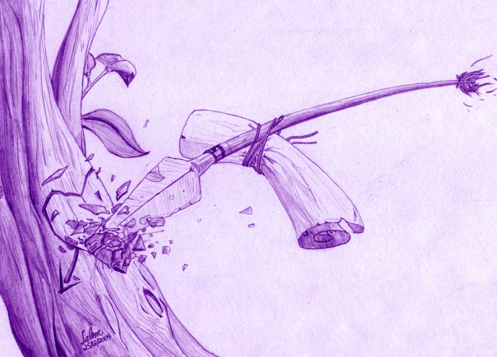 Ink drawing of a broken arrow shattering against a tree trunk, beside a small flowering plant.