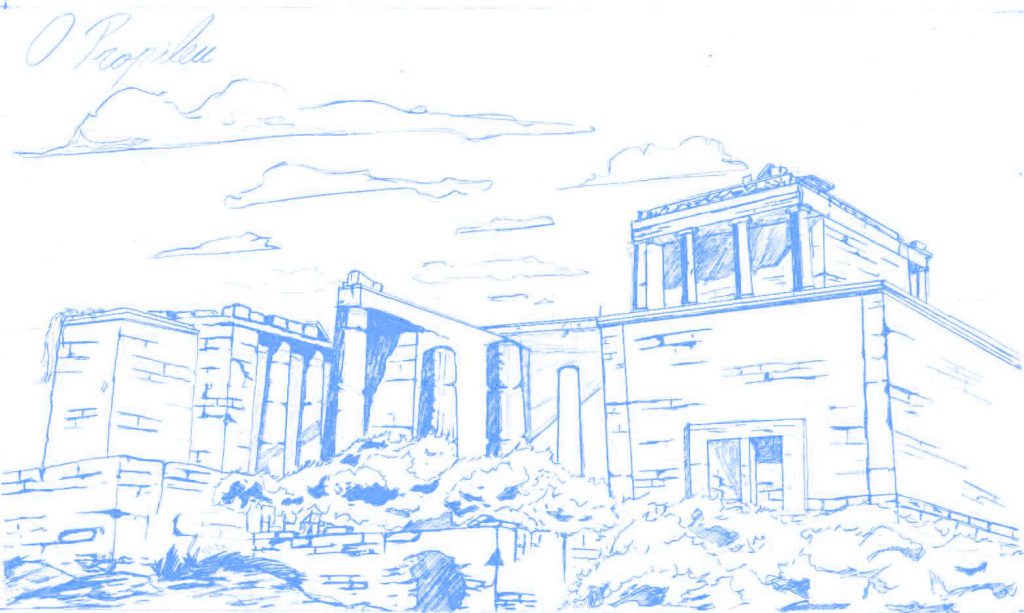 Pencil drawing of the Propylaea gateway on the Acropolis of Athens.