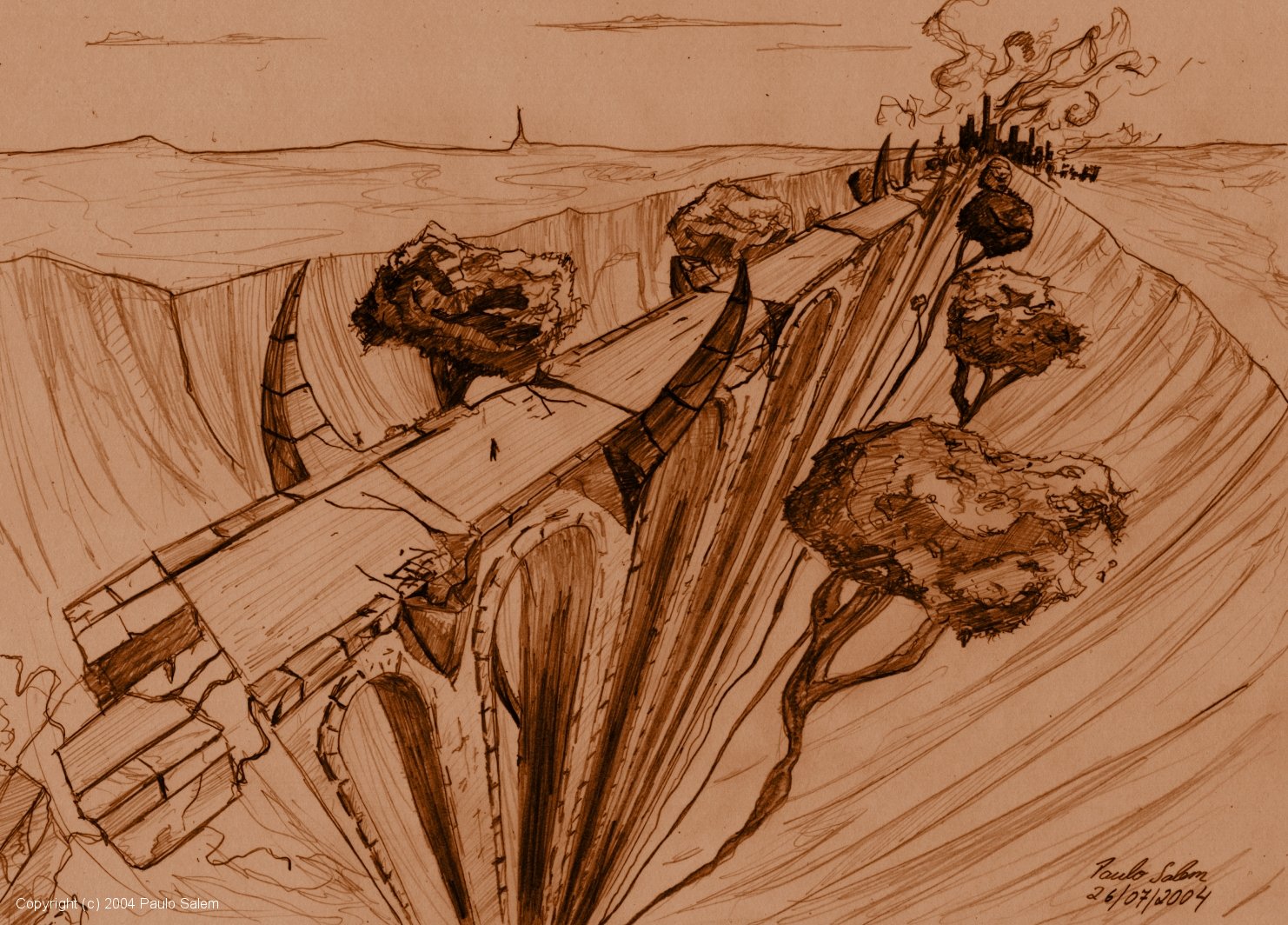 Surrealist ink drawing of a bridge converging into a smoking industrial city across a chasm.