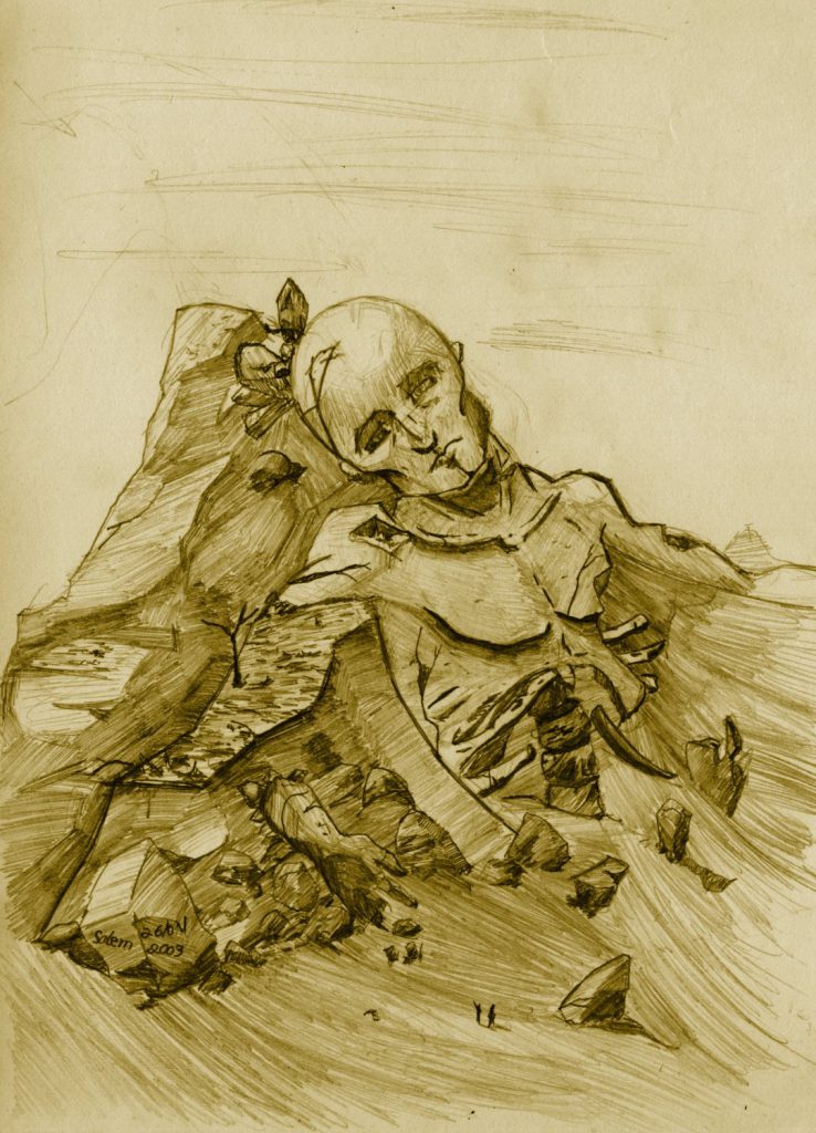 Surrealist pencil drawing of a giant sleeping humanoid figure merged with a mountain landscape.