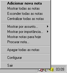 The SmartNote 2 tray menu, listing note and view commands in Portuguese.