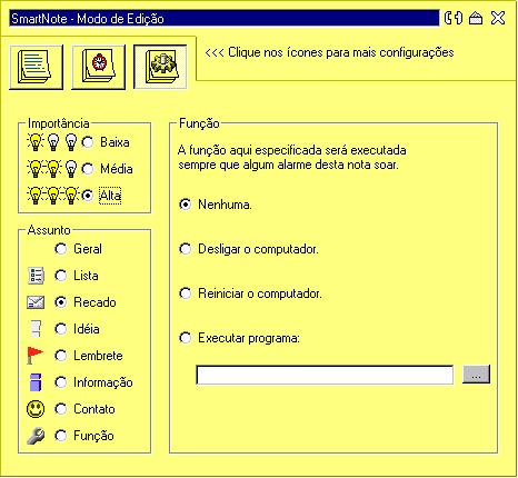 The note behavior screen, showing importance levels, subject categories, and an alarm-triggered function such as shutting down or restarting the computer.
